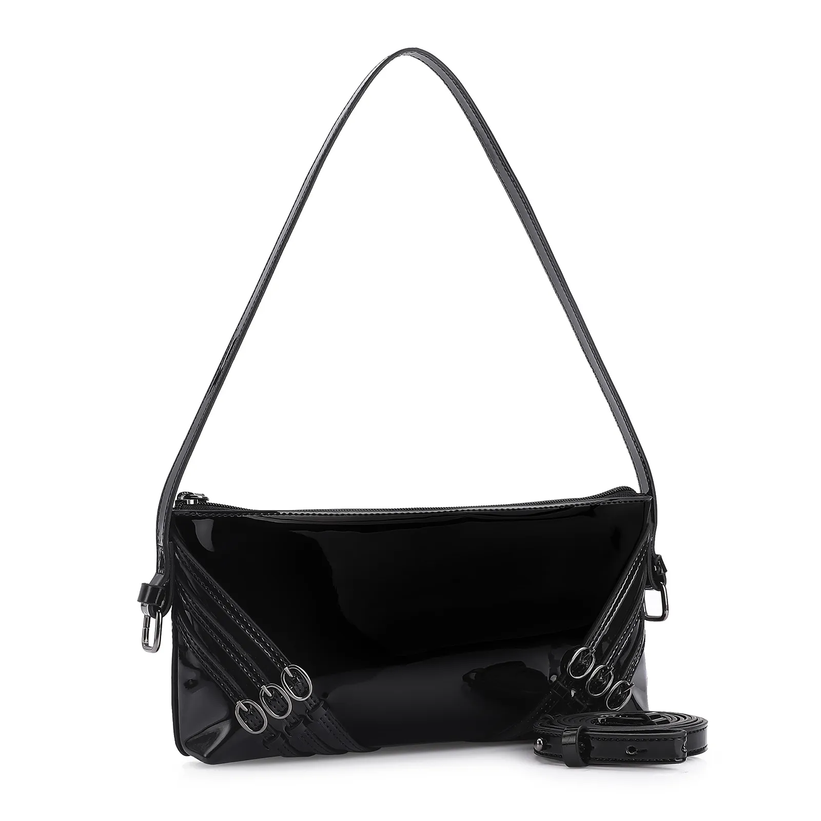 Bolsa De Ombro Fivelas Verniz Preto