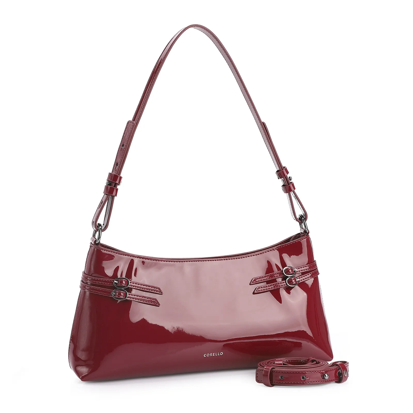 Bolsa De Ombro Fivelas Verniz Vermelho Cereja
