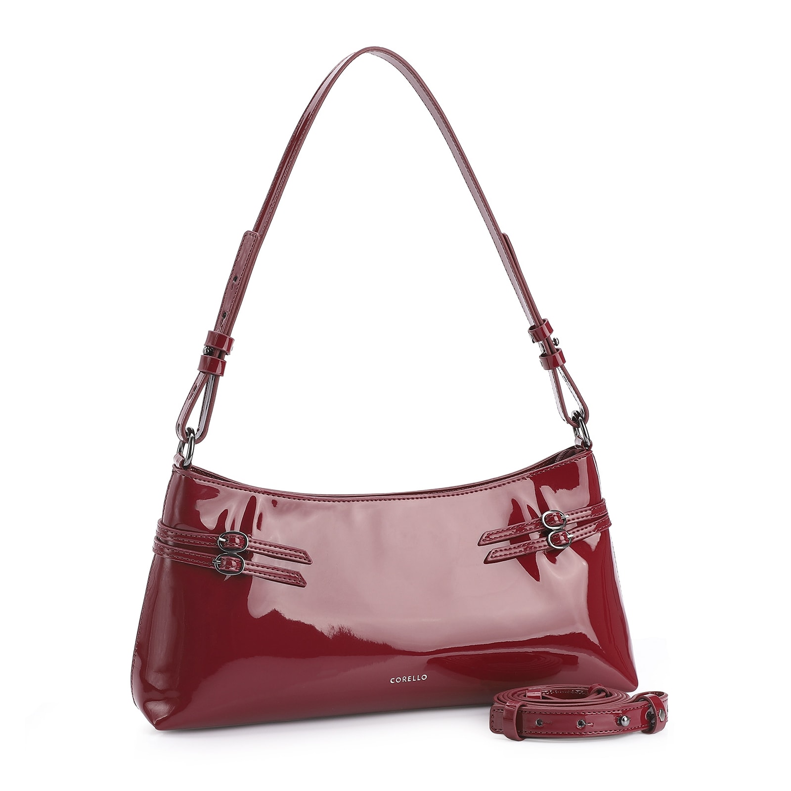 Bolsa De Ombro Fivelas Verniz Vermelho Cereja