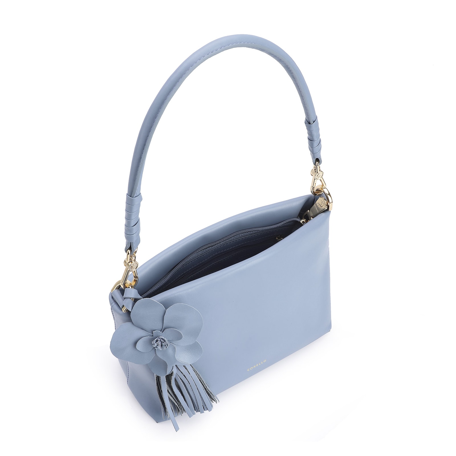 Bolsa De Ombro Flor Couro Azul