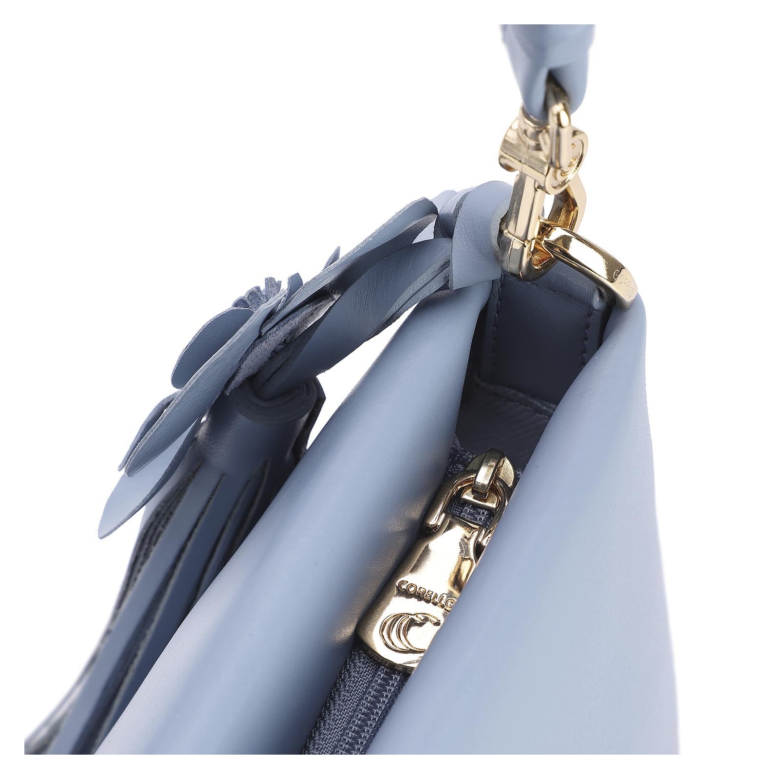 Bolsa De Ombro Flor Couro Azul
