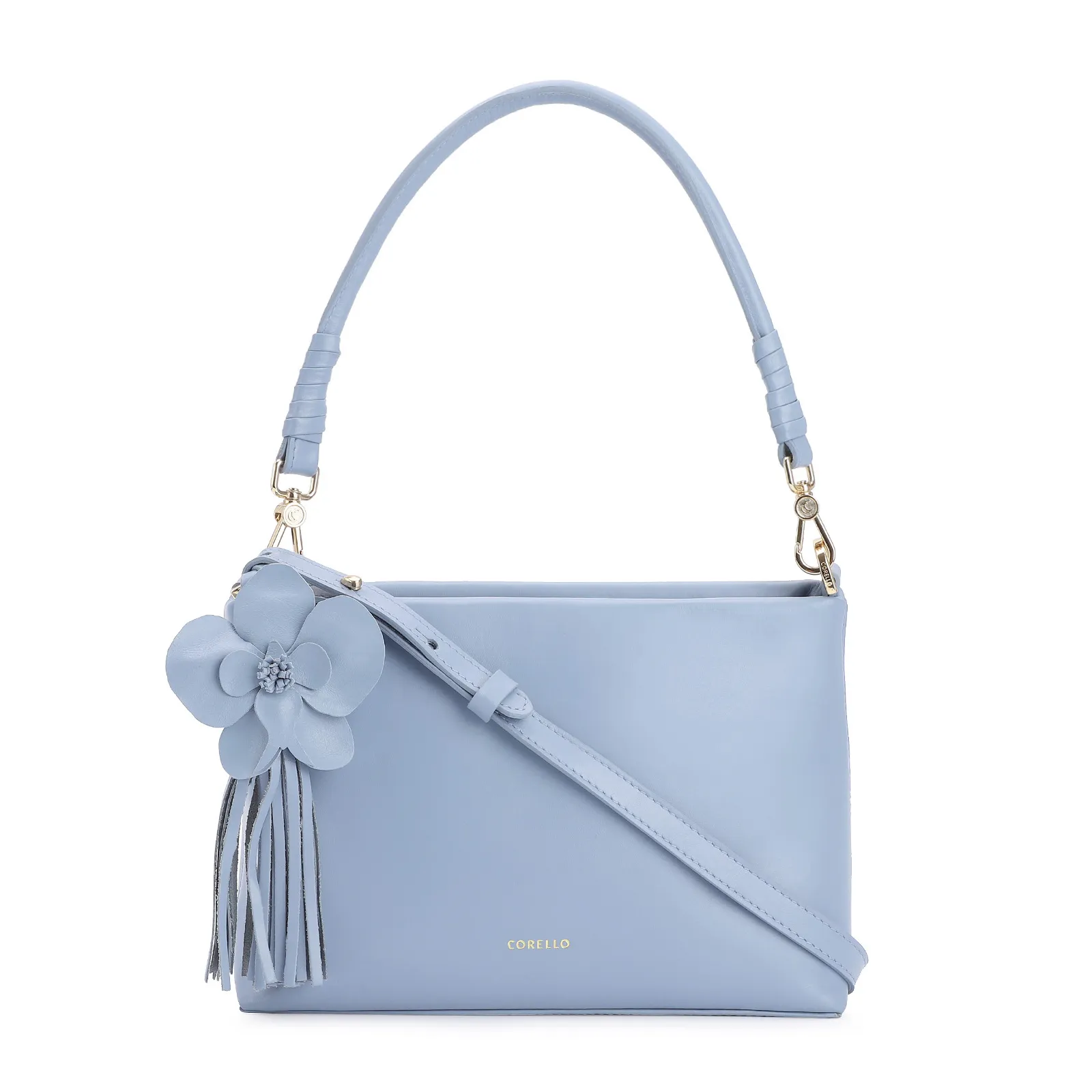 Bolsa De Ombro Flor Couro Azul