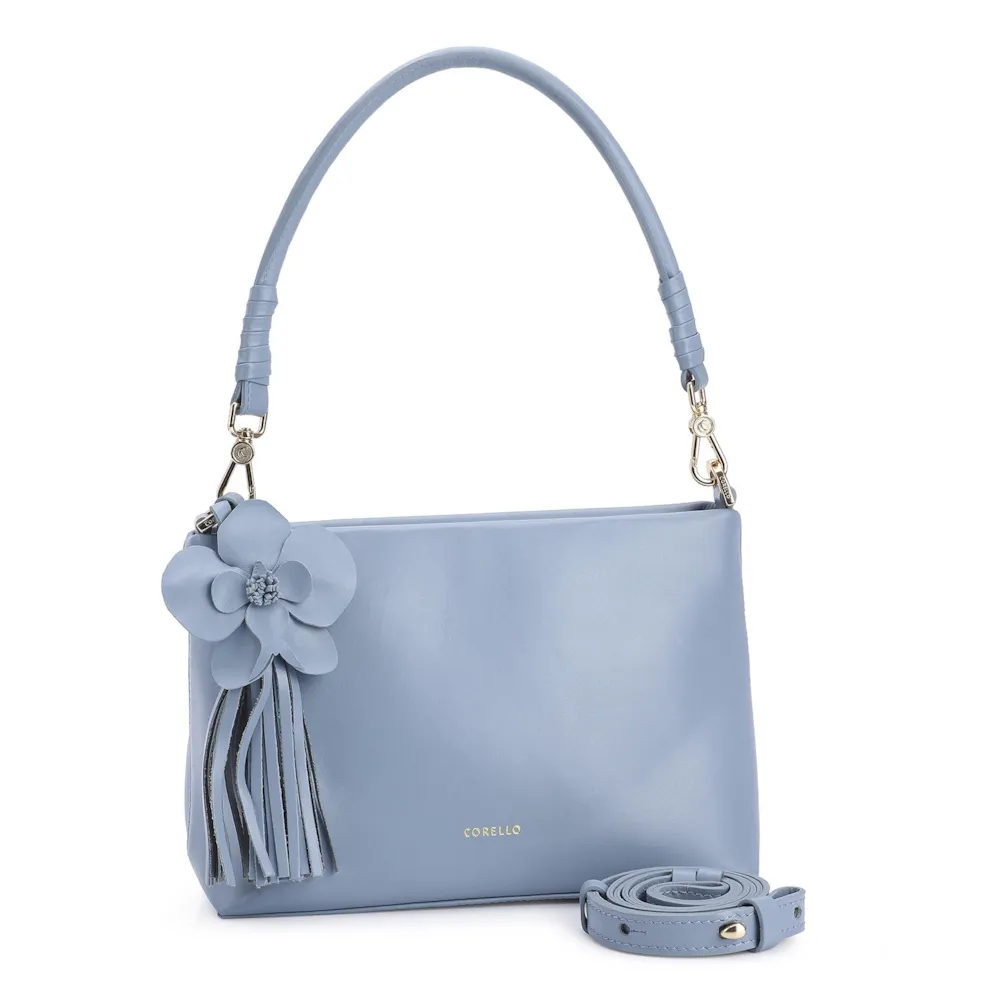 Bolsa De Ombro Flor Couro Azul - imagem 2