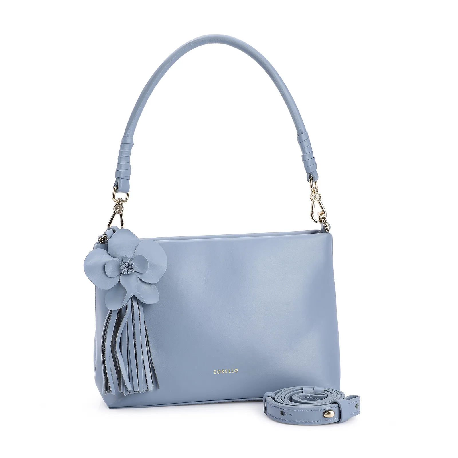 Bolsa De Ombro Flor Couro Azul
