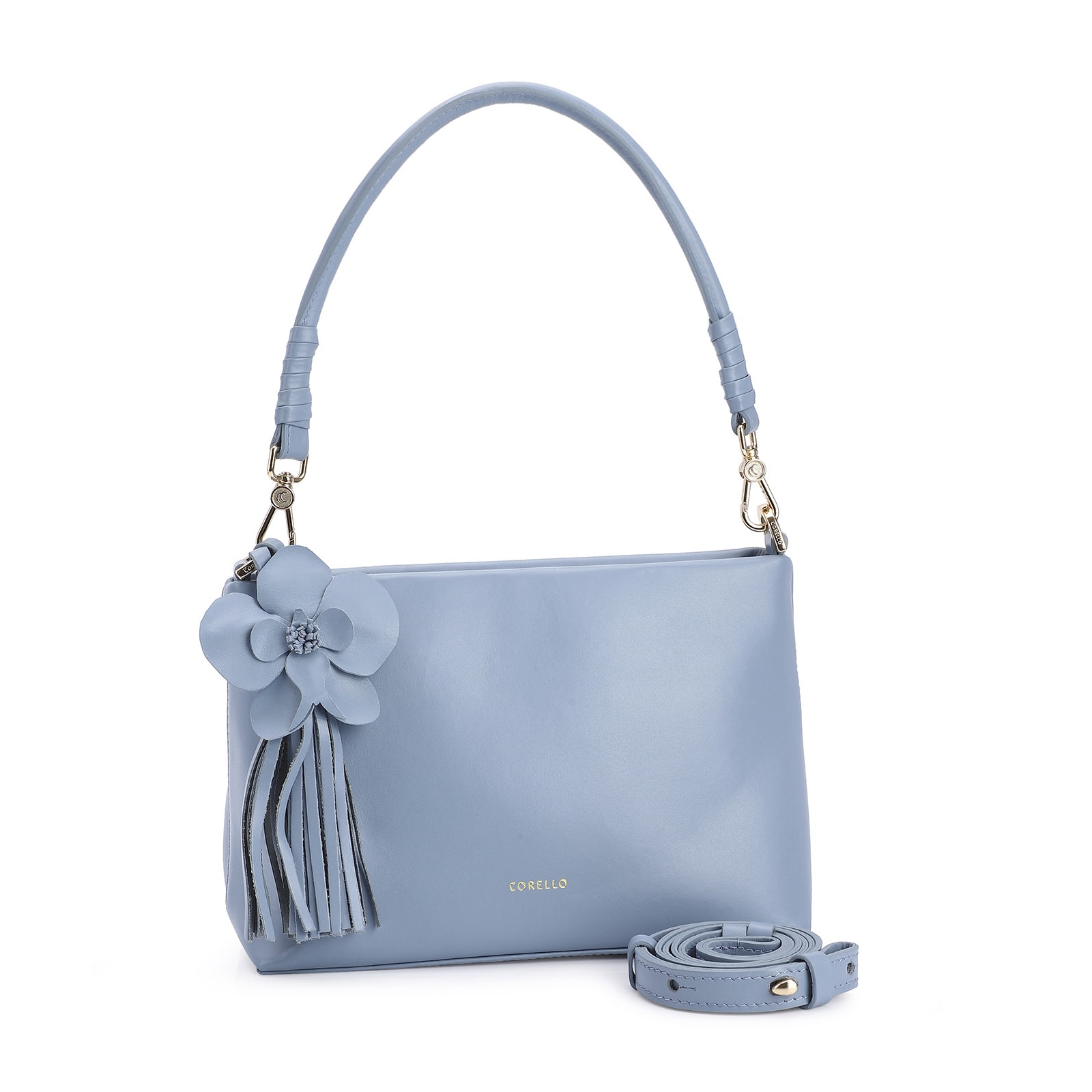 Bolsa De Ombro Flor Couro Azul