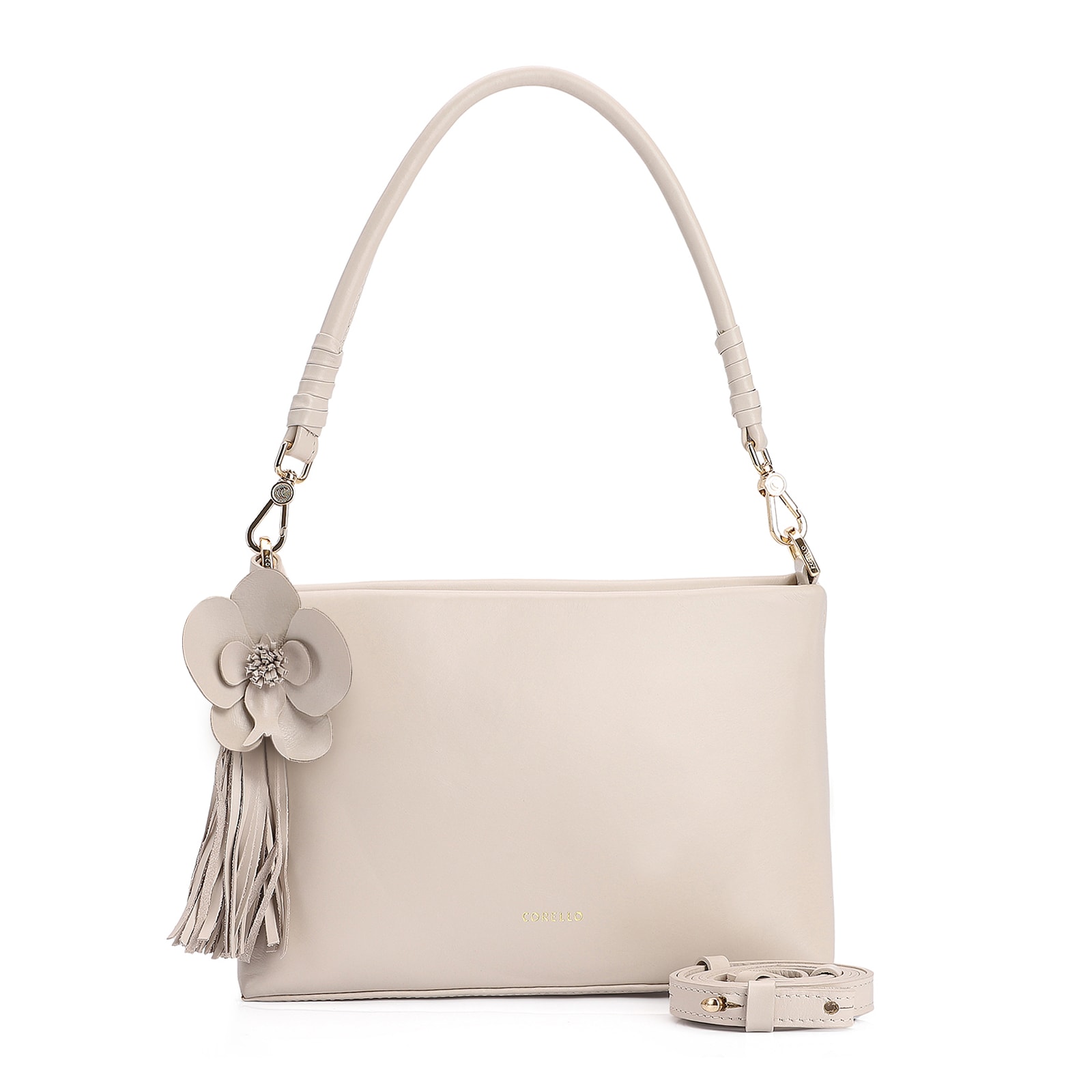 Bolsa De Ombro Flor Couro Off White