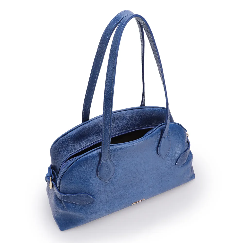 Bolsa De Ombro Grande Couro Antique Azul Fivela Lateral - imagem 4