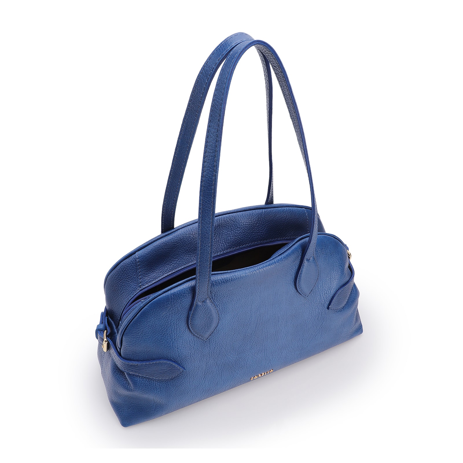 Bolsa De Ombro Grande Couro Antique Azul Fivela Lateral