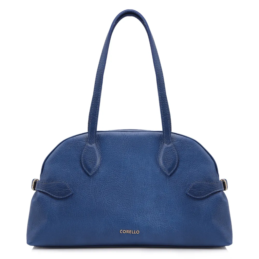 Bolsa De Ombro Grande Couro Antique Azul Fivela Lateral