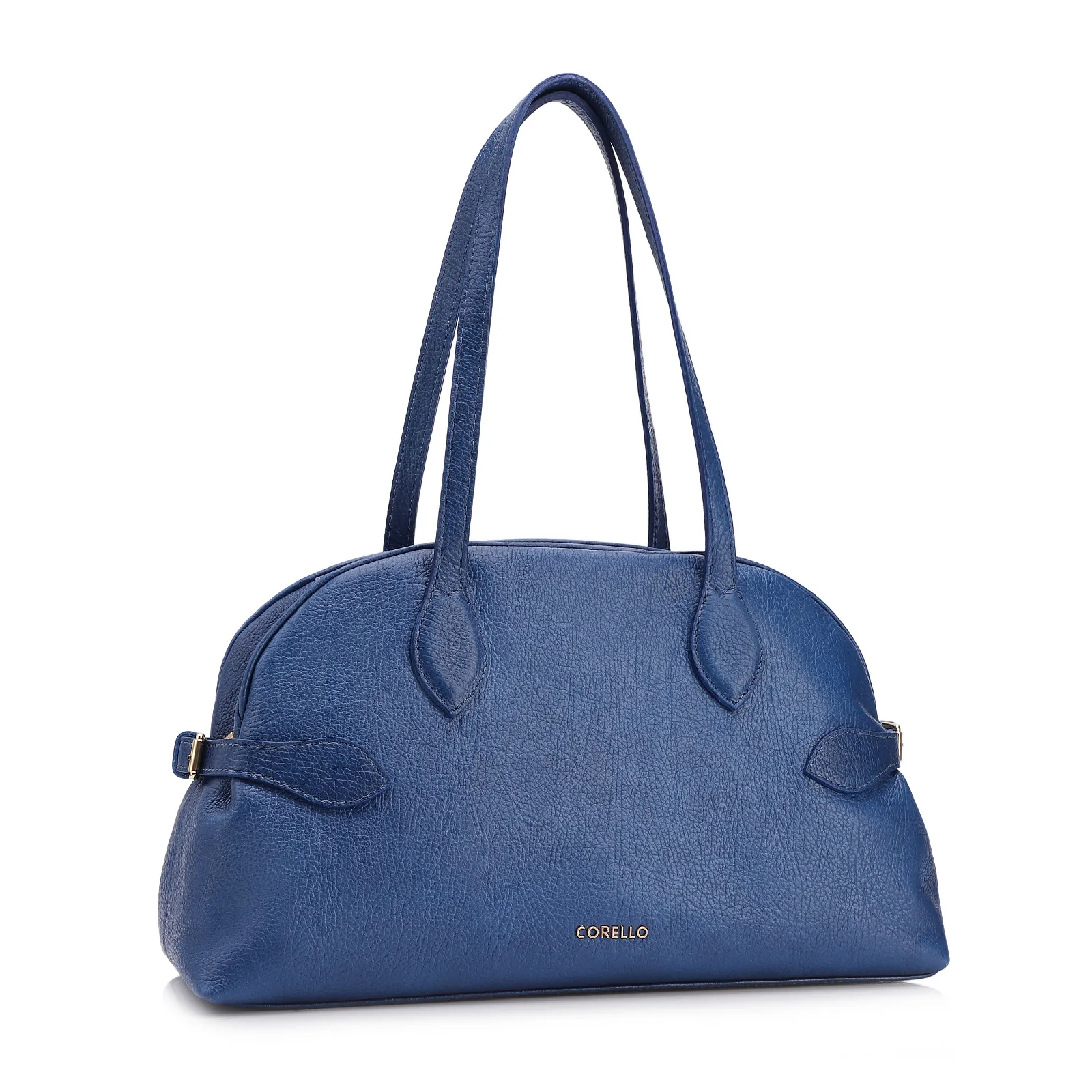 Bolsa De Ombro Grande Couro Antique Azul Fivela Lateral