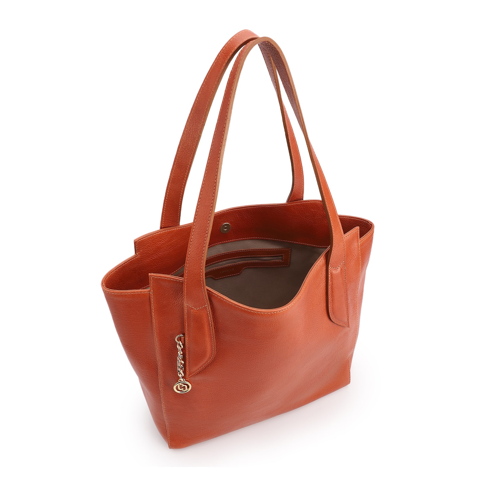  Bolsa De Ombro Grande Couro Antique Laranja Pingente Dourado