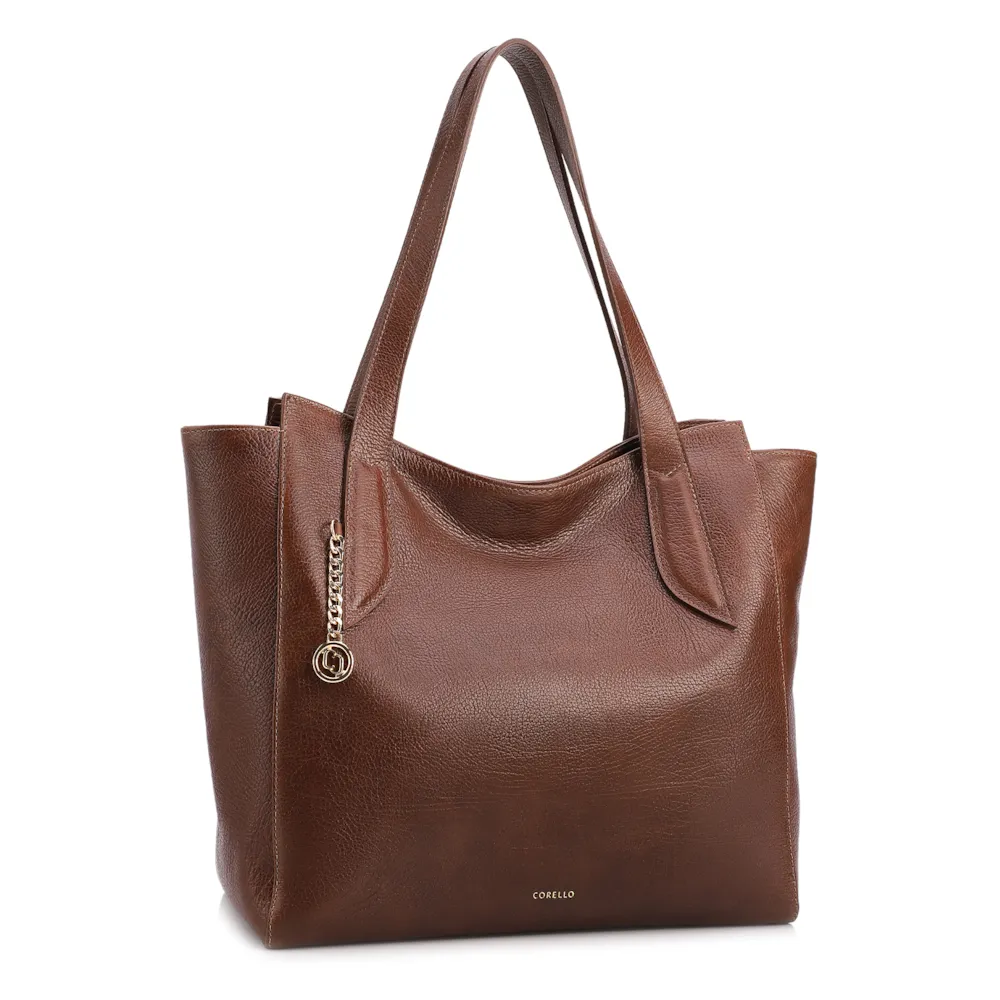  Bolsa De Ombro Grande Couro Antique Marrom Pingente Dourado - imagem 2