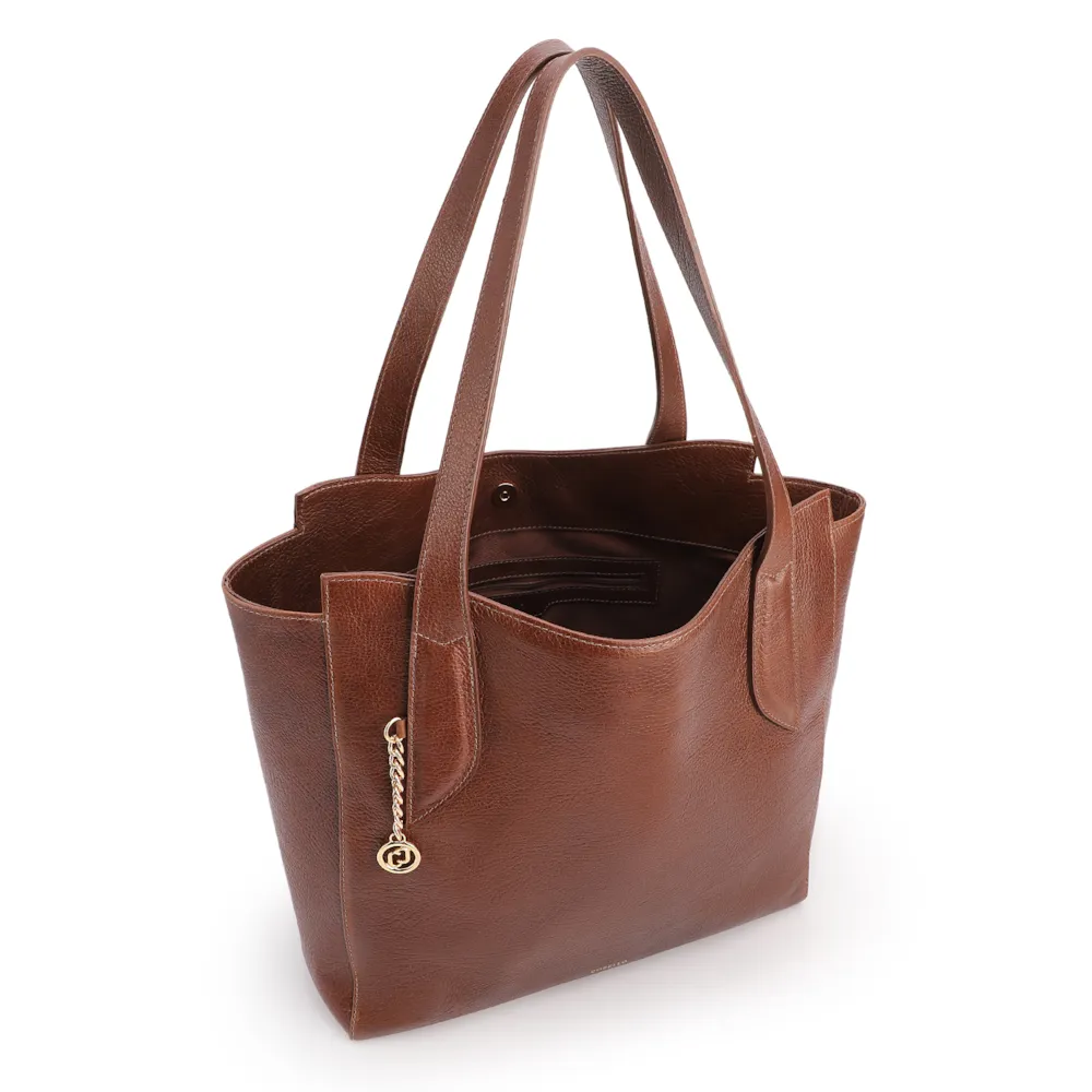  Bolsa De Ombro Grande Couro Antique Marrom Pingente Dourado - imagem 4