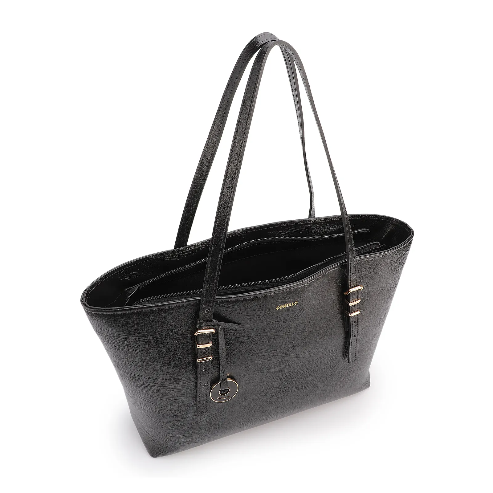 Bolsa De Ombro Grande Couro Antique Preto Alças Paralelas