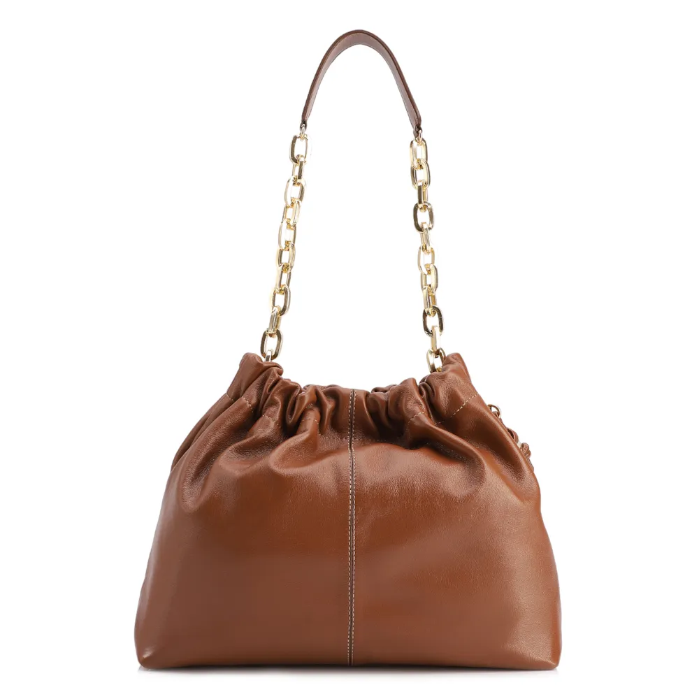 Bolsa De Ombro Grande Couro Marrom Claro Alça Com Corrente Dourada - imagem 3