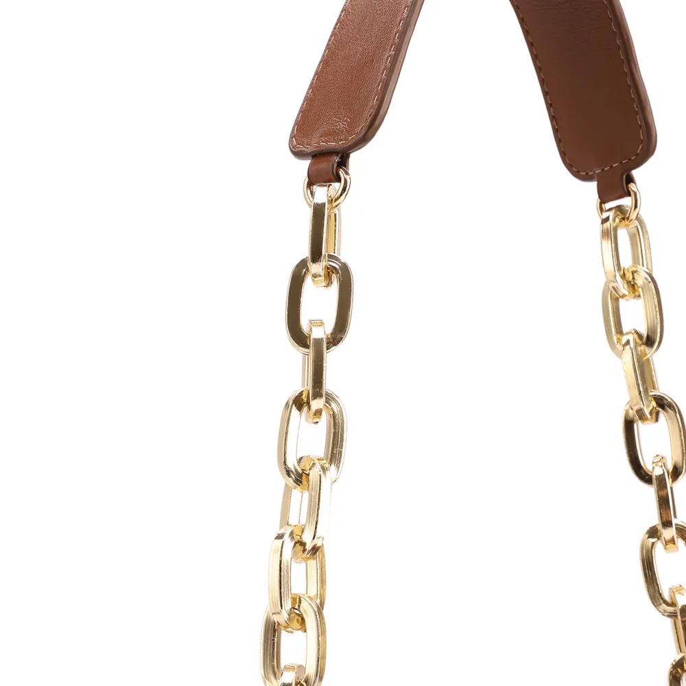 Bolsa De Ombro Grande Couro Marrom Claro Alça Com Corrente Dourada - imagem 6