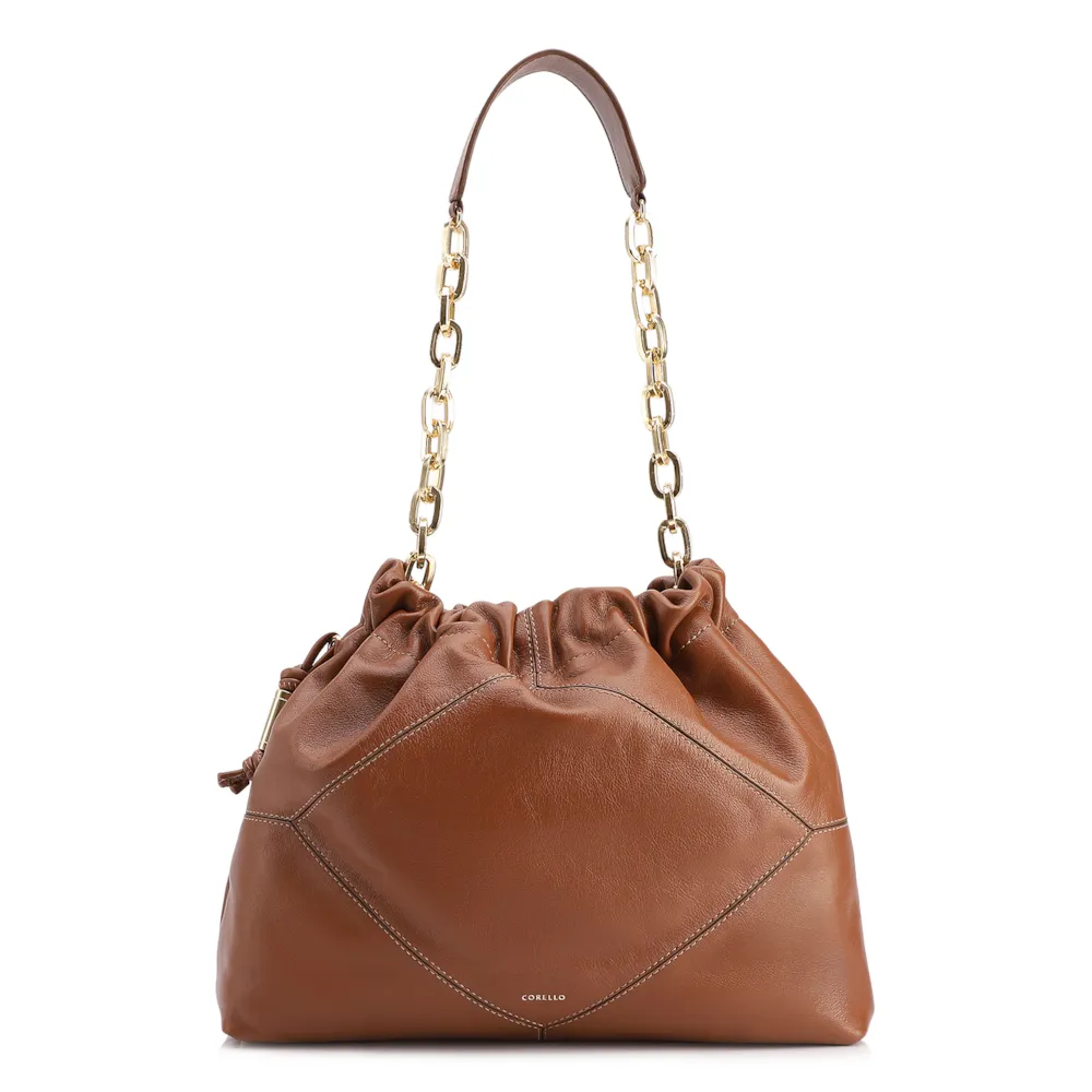 Bolsa De Ombro Grande Couro Marrom Claro Alça Com Corrente Dourada