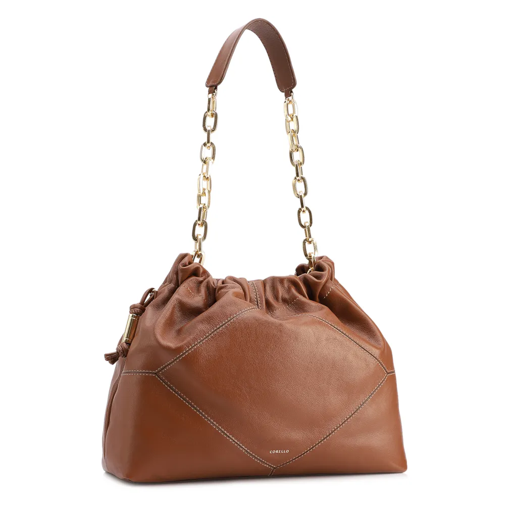 Bolsa De Ombro Grande Couro Marrom Claro Alça Com Corrente Dourada - imagem 2