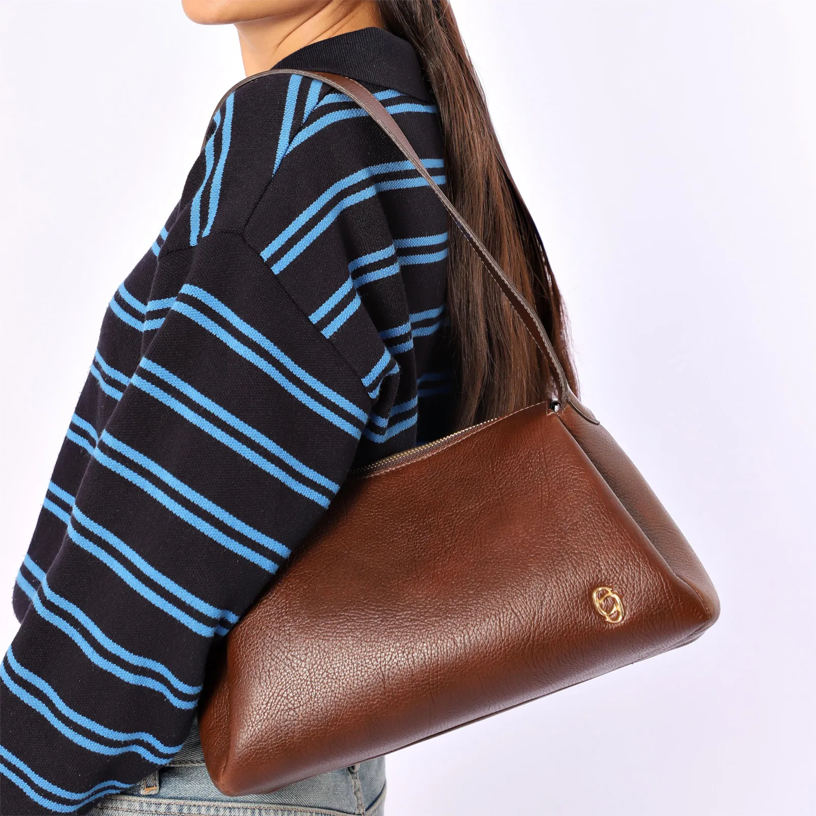  Bolsa De Ombro Grande Marrom Couro Antique Aplicação