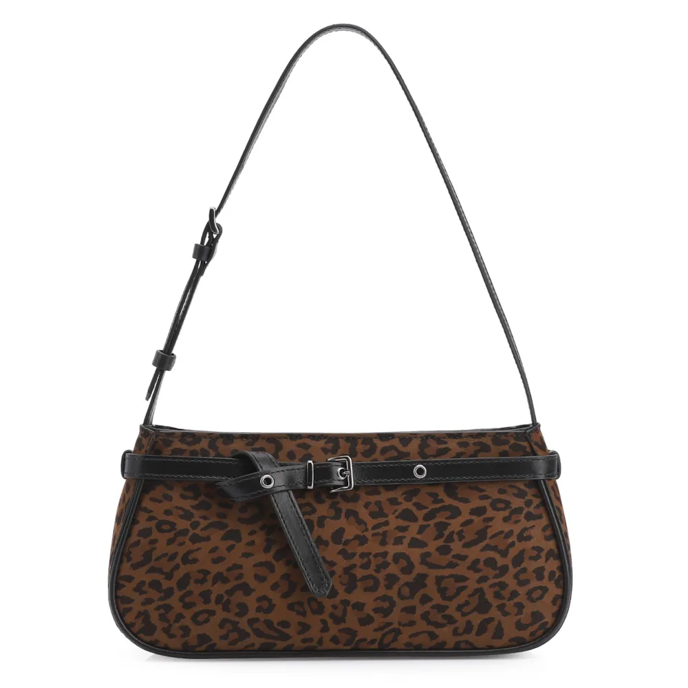 Bolsa De Ombro Ilhós Couro Nobuck Onça/Couro Preto