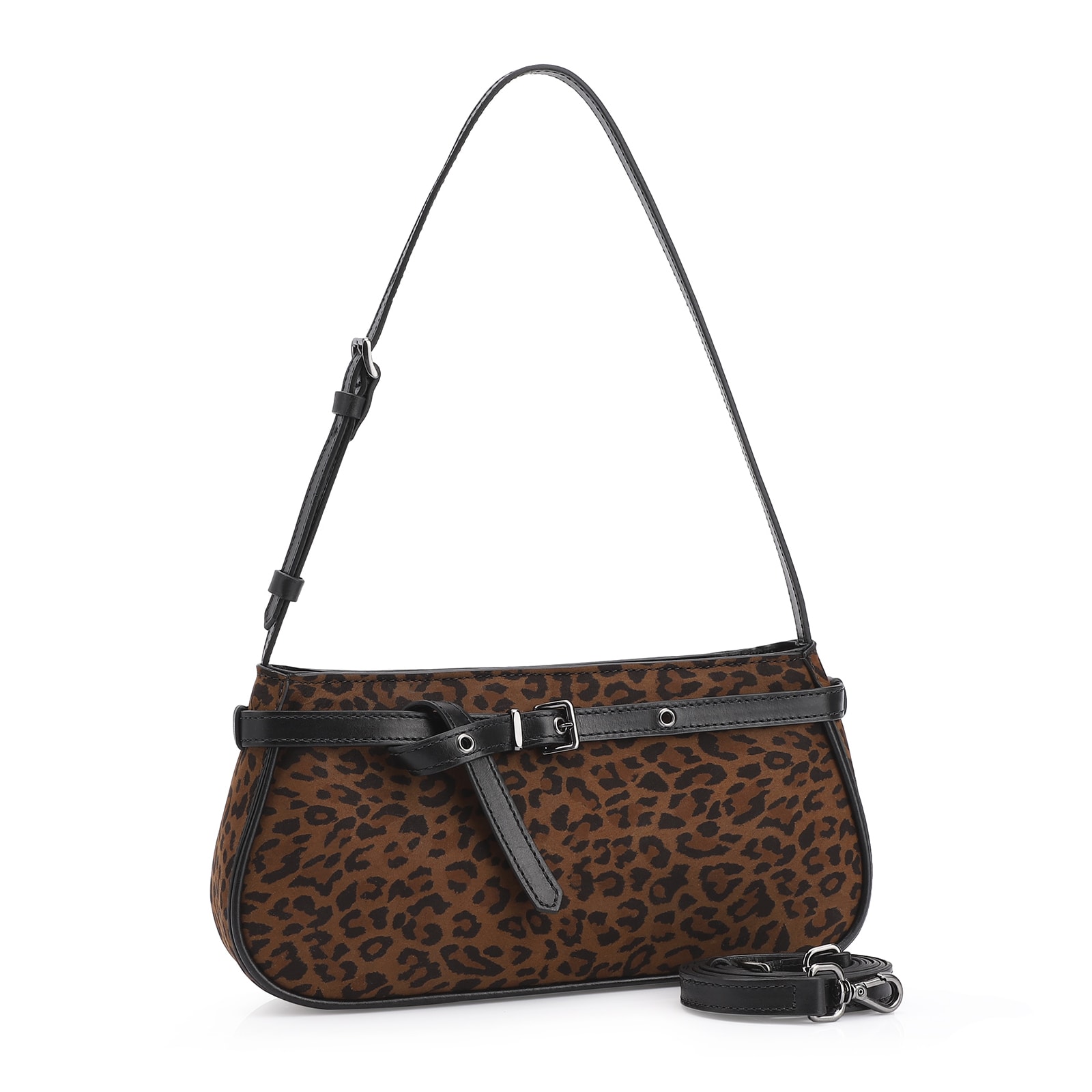 Bolsa De Ombro Ilhós Couro Nobuck Onça/Couro Preto