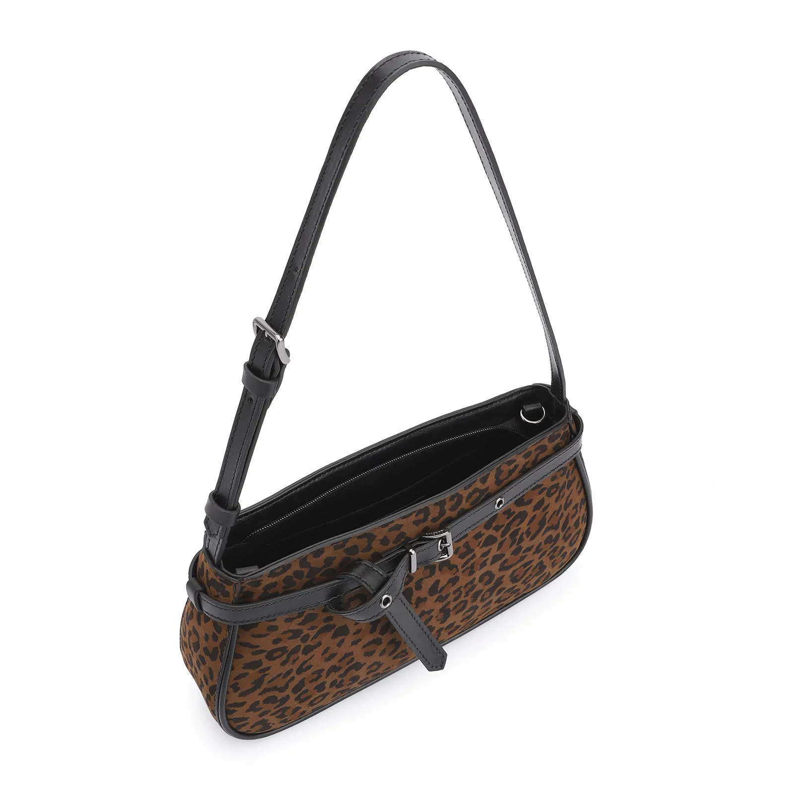 Bolsa De Ombro Ilhós Couro Nobuck Onça/Couro Preto