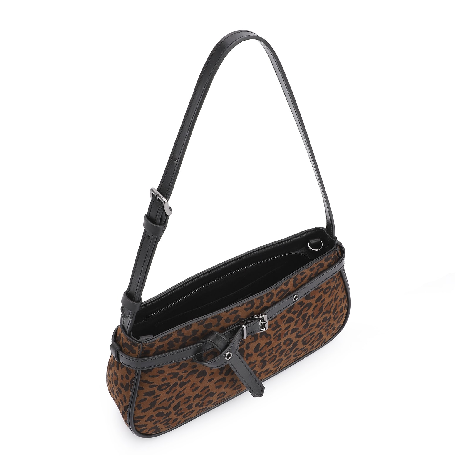 Bolsa De Ombro Ilhós Couro Nobuck Onça/Couro Preto