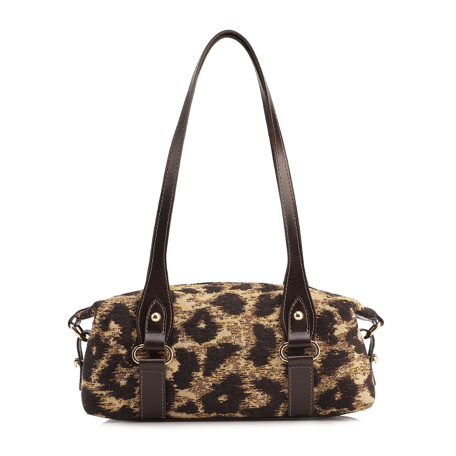 Bolsa De Ombro Jacquard Onça/Couro Marrom Escuro