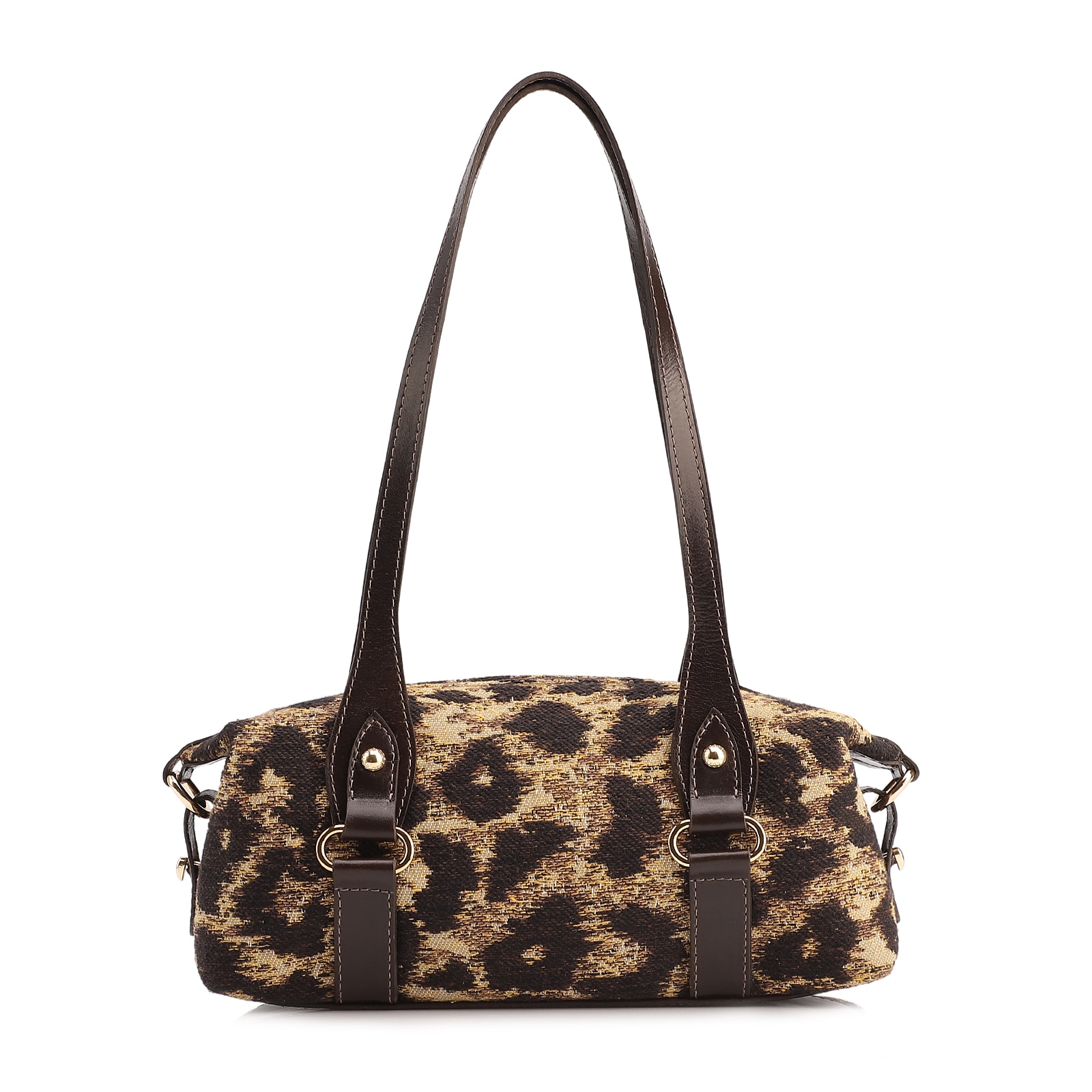 Bolsa De Ombro Jacquard Onça/Couro Marrom Escuro