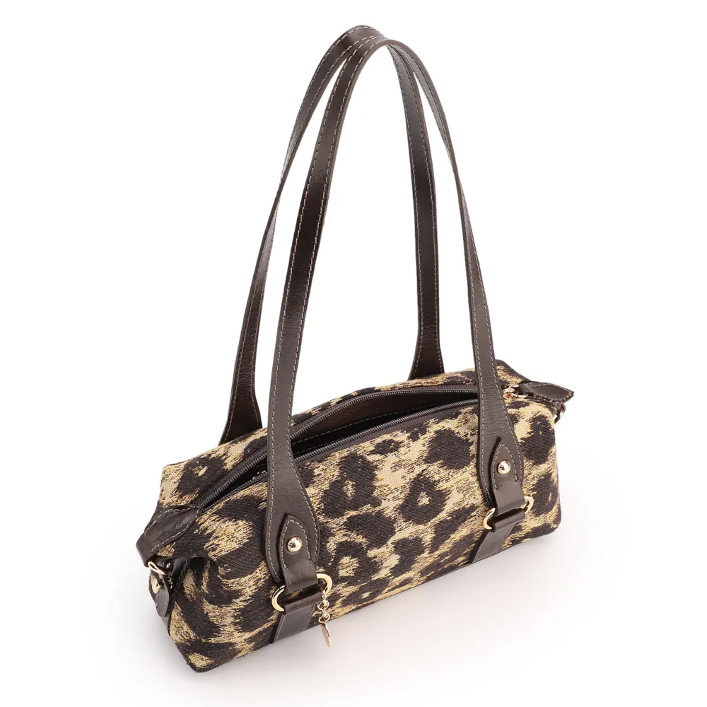 Bolsa De Ombro Jacquard Onça/Couro Marrom Escuro - imagem 4