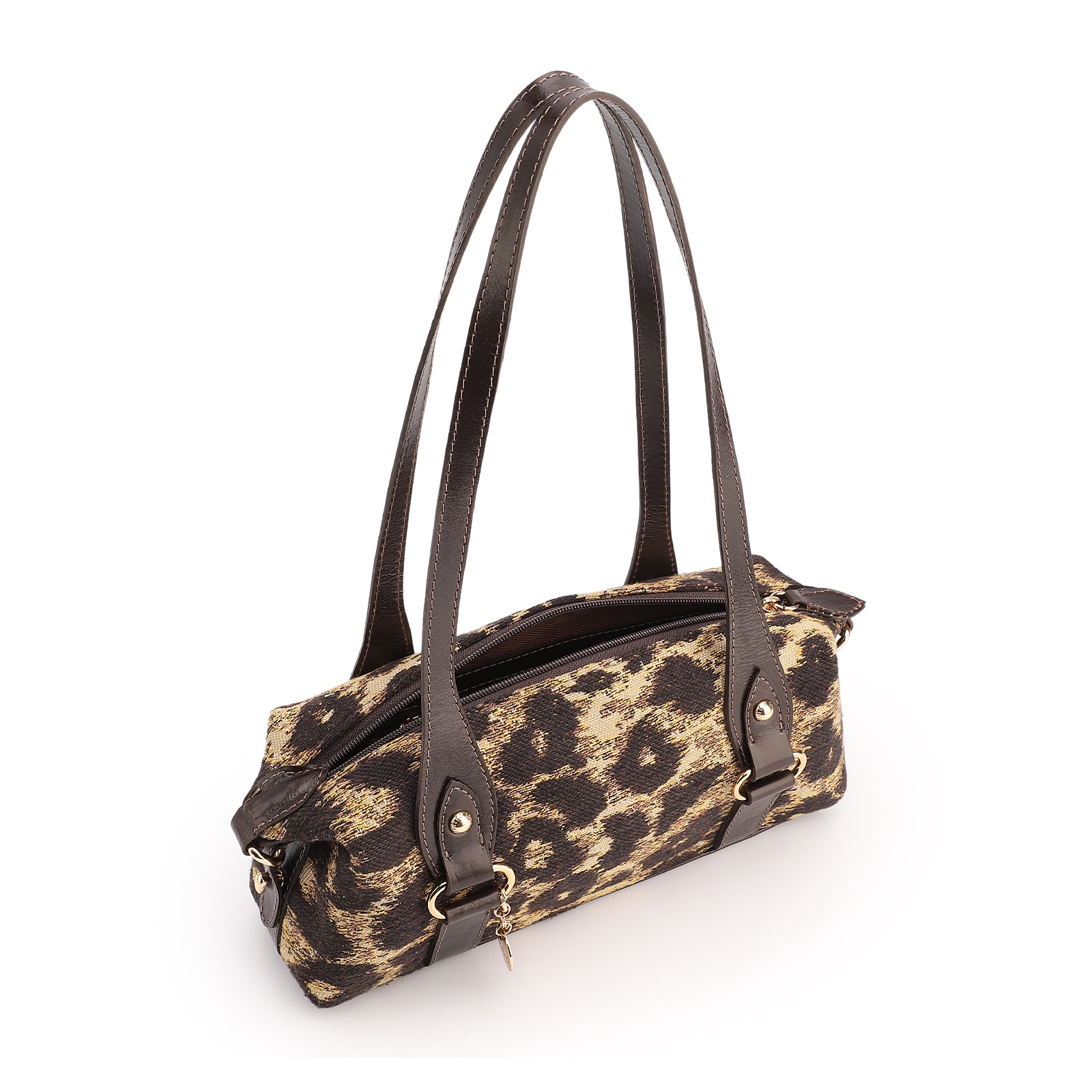 Bolsa De Ombro Jacquard Onça/Couro Marrom Escuro