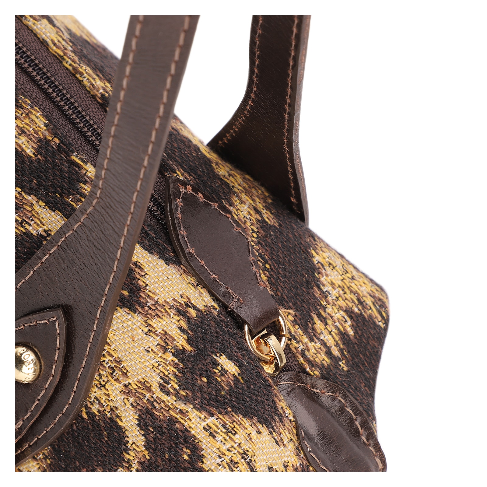 Bolsa De Ombro Jacquard Onça/Couro Marrom Escuro