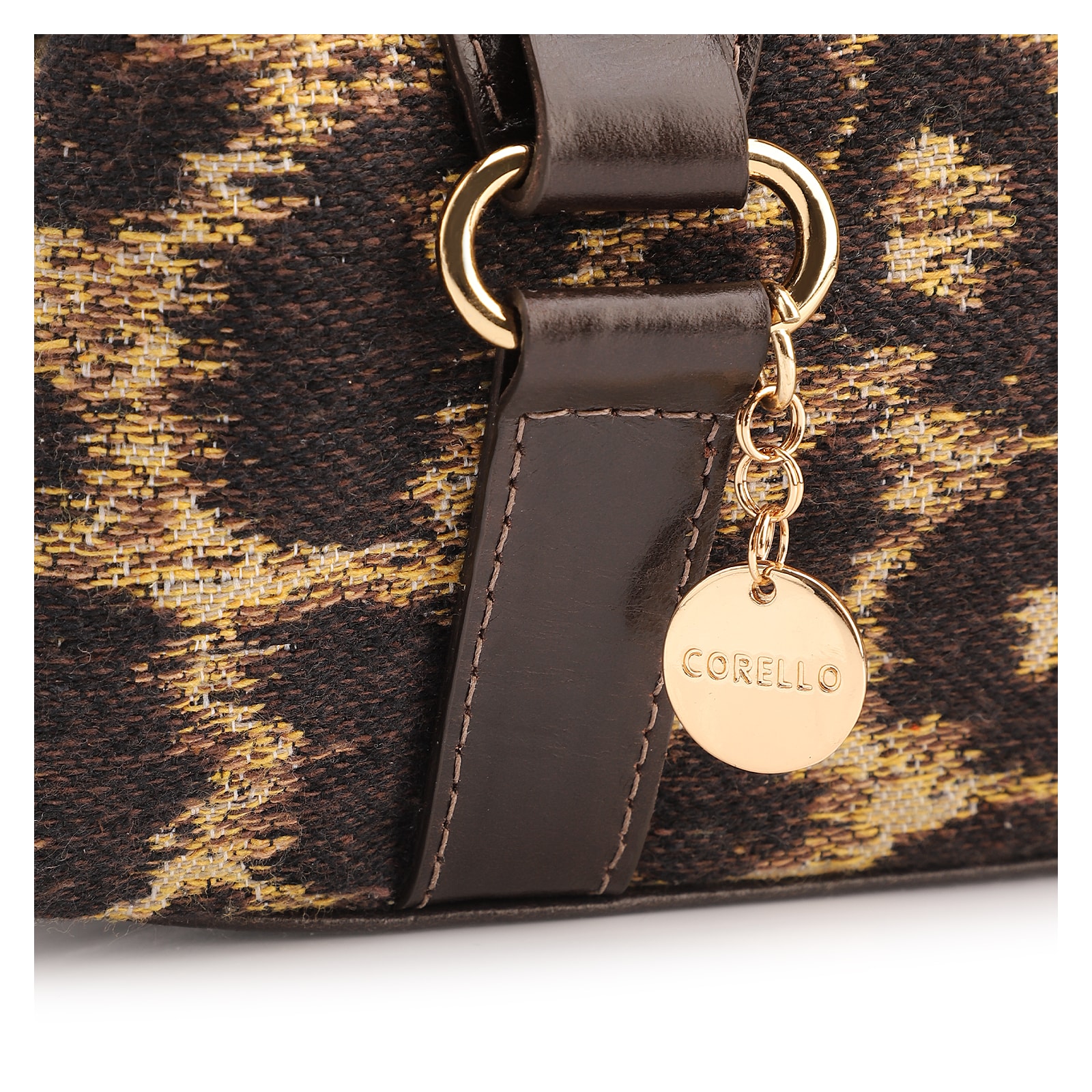 Bolsa De Ombro Jacquard Onça/Couro Marrom Escuro