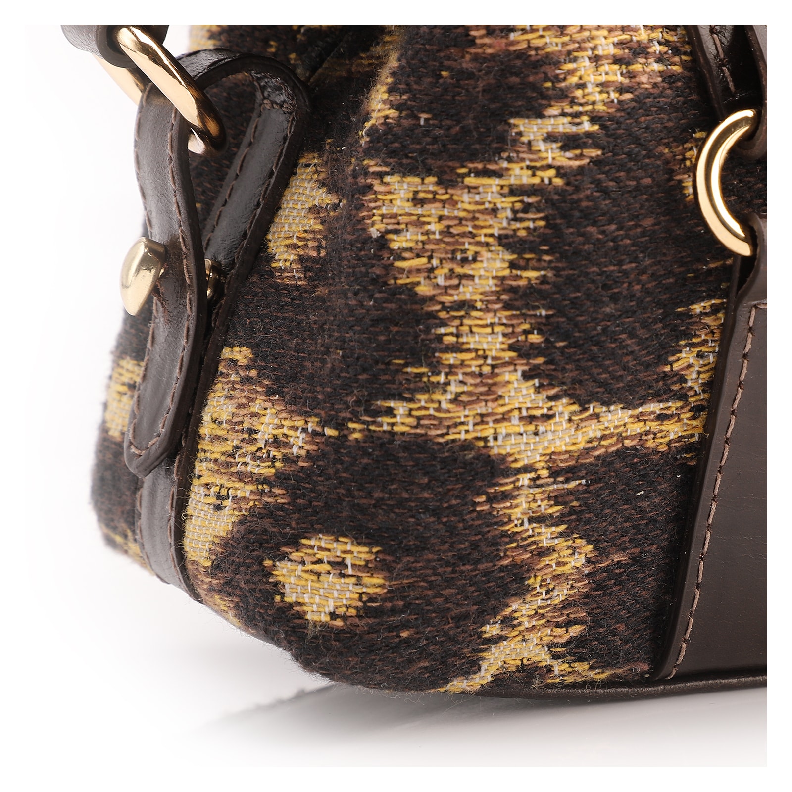 Bolsa De Ombro Jacquard Onça/Couro Marrom Escuro