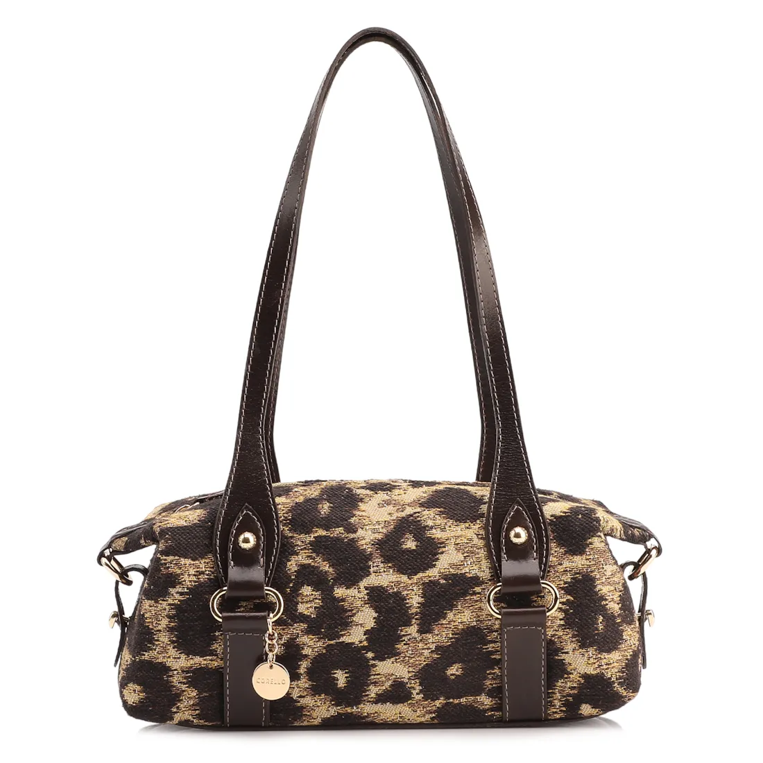 Bolsa De Ombro Jacquard Onça/Couro Marrom Escuro