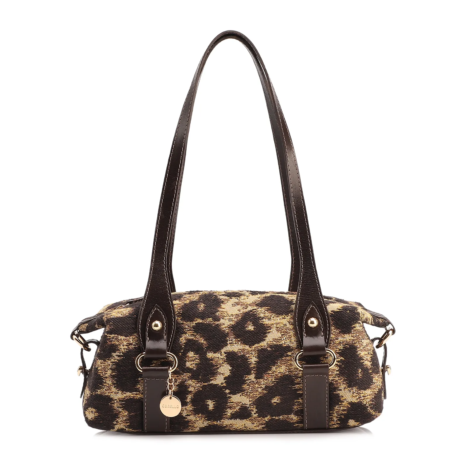 Bolsa De Ombro Jacquard Onça/Couro Marrom Escuro