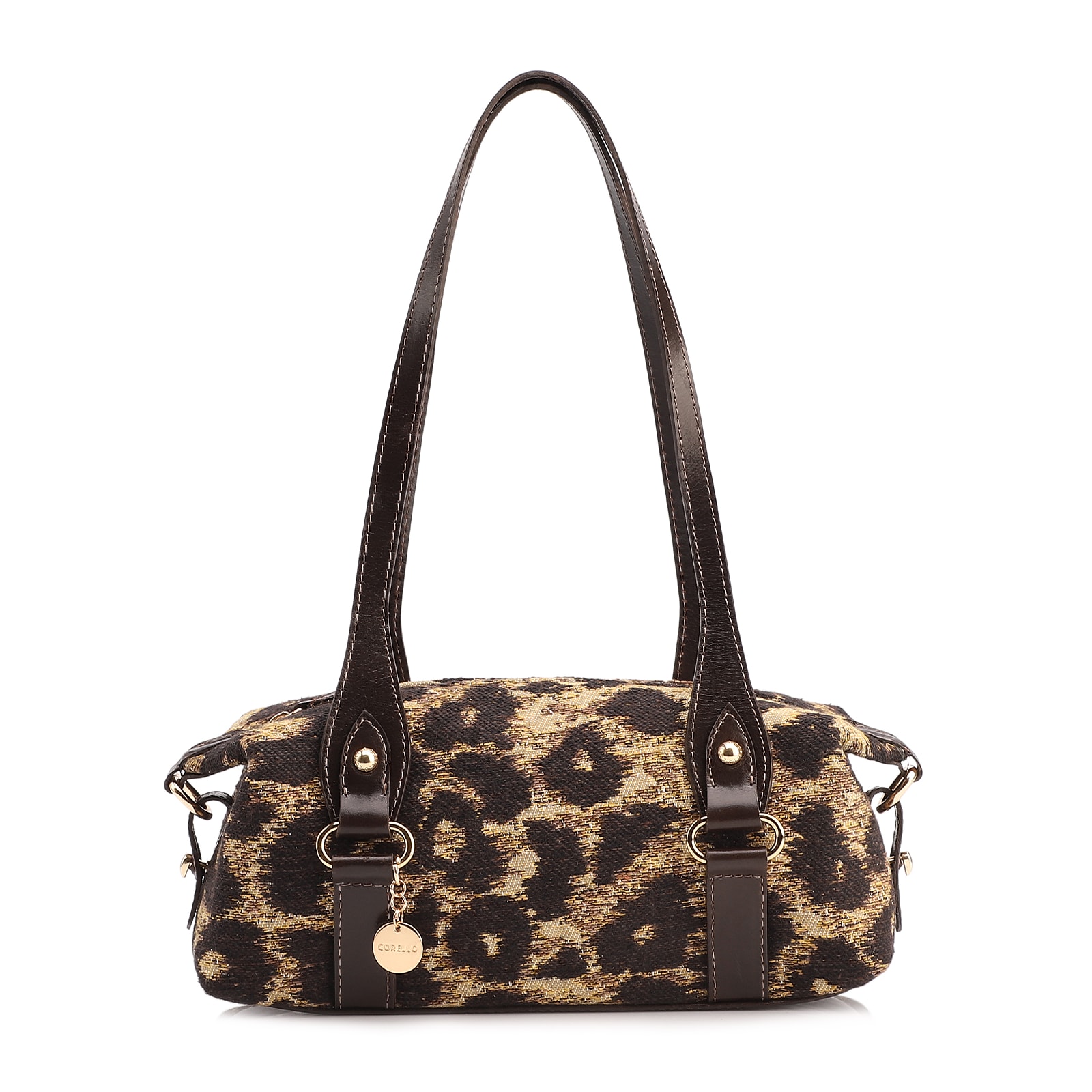 Bolsa De Ombro Jacquard Onça/Couro Marrom Escuro