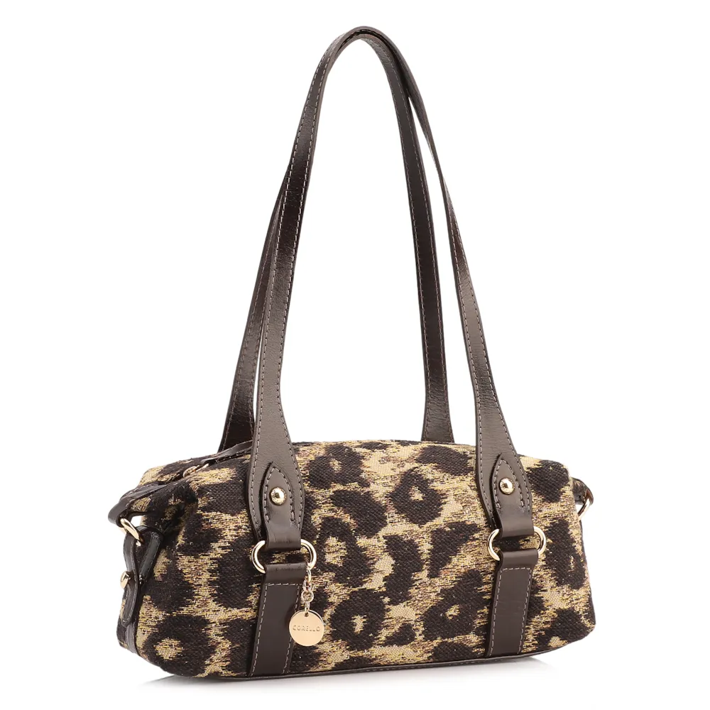 Bolsa De Ombro Jacquard Onça/Couro Marrom Escuro - imagem 2
