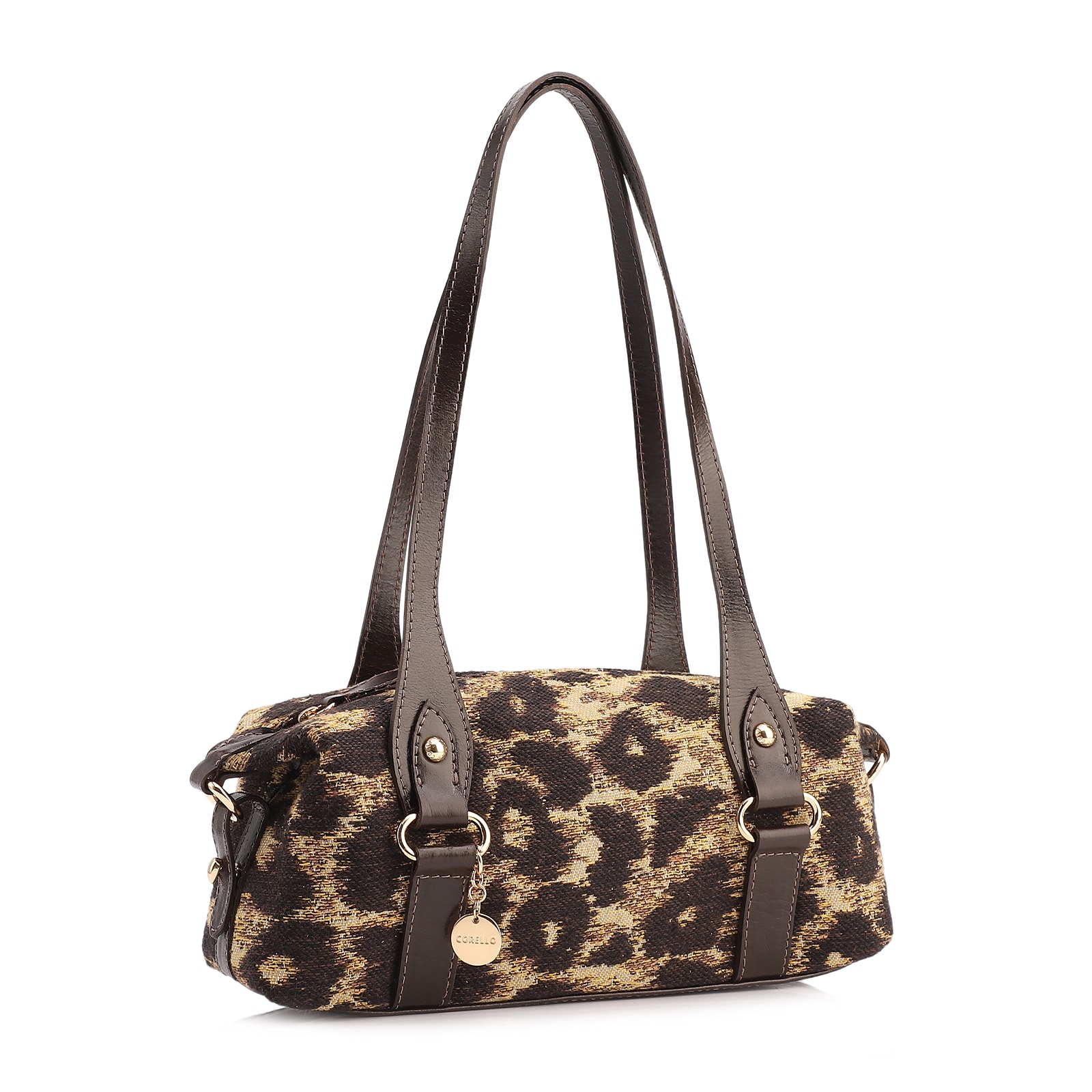 Bolsa De Ombro Jacquard Onça/Couro Marrom Escuro
