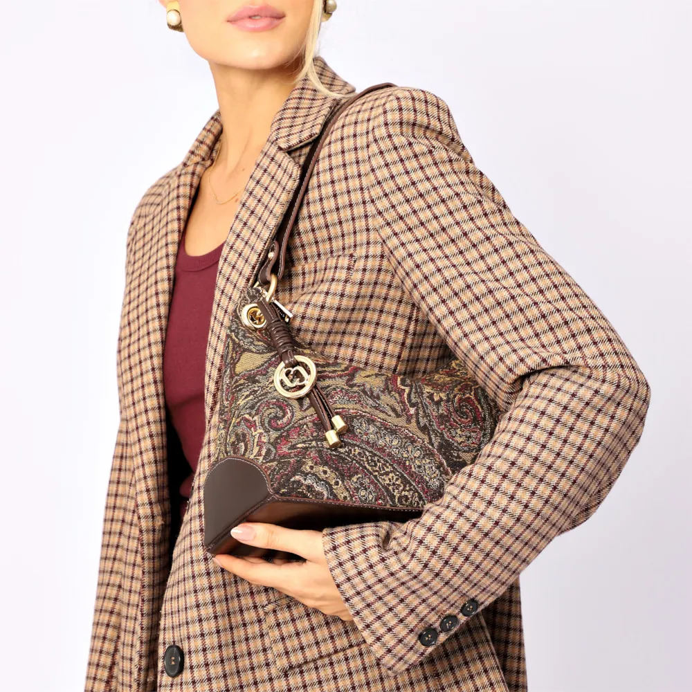 Bolsa De Ombro Jacquard Paisley /Couro Marrom - imagem 2