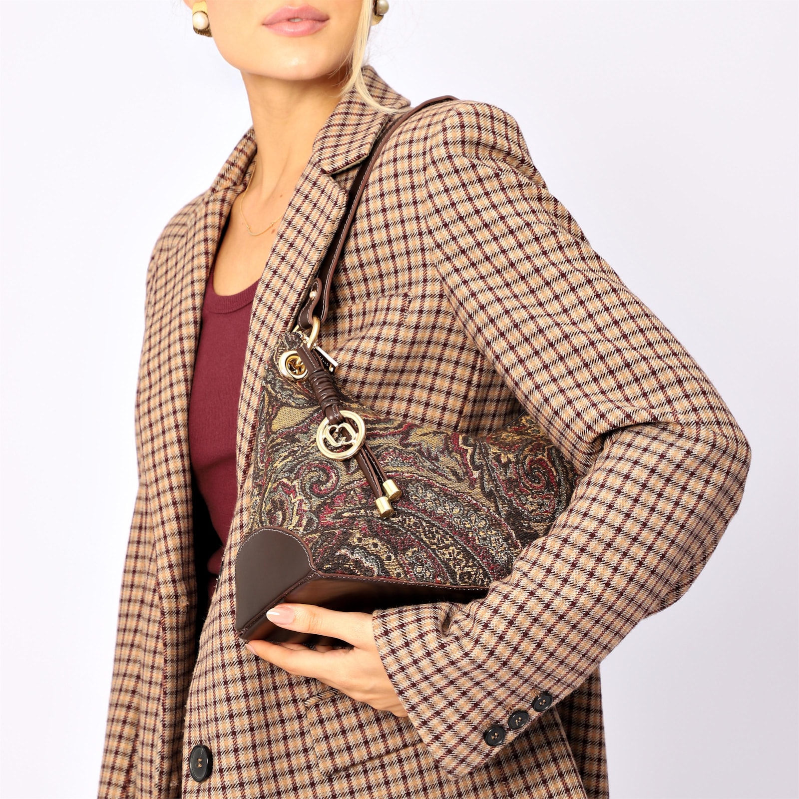 Bolsa De Ombro Jacquard Paisley /Couro Marrom