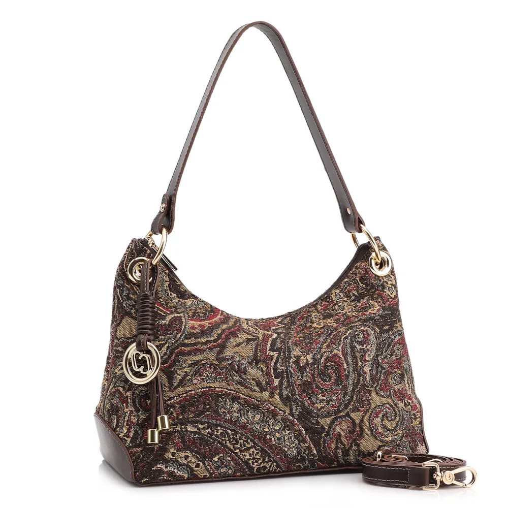 Bolsa De Ombro Jacquard Paisley /Couro Marrom - imagem 3