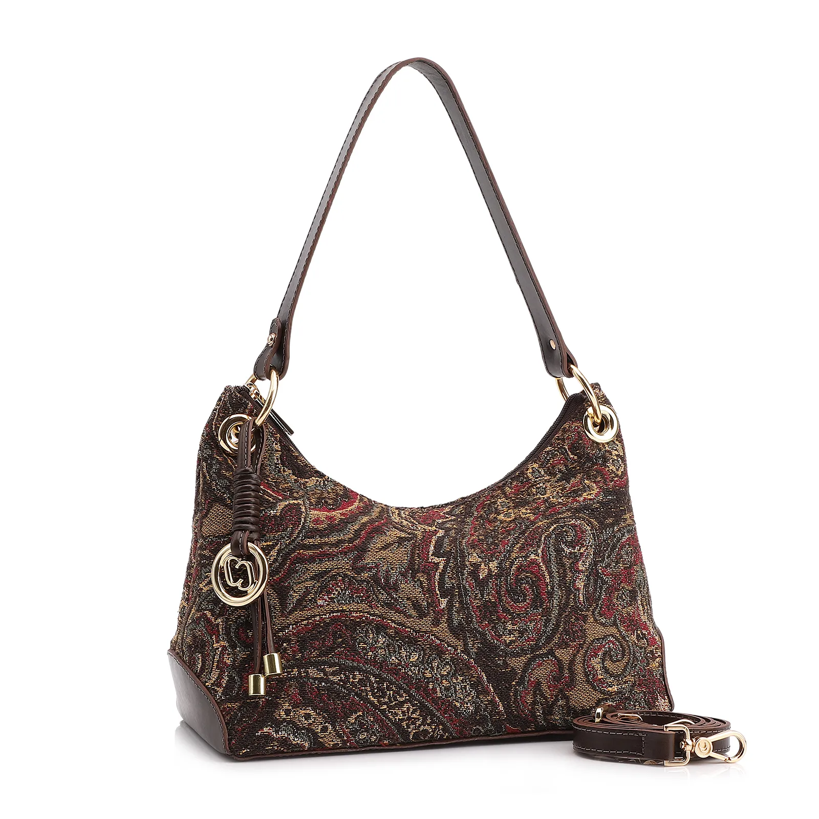 Bolsa De Ombro Jacquard Paisley /Couro Marrom
