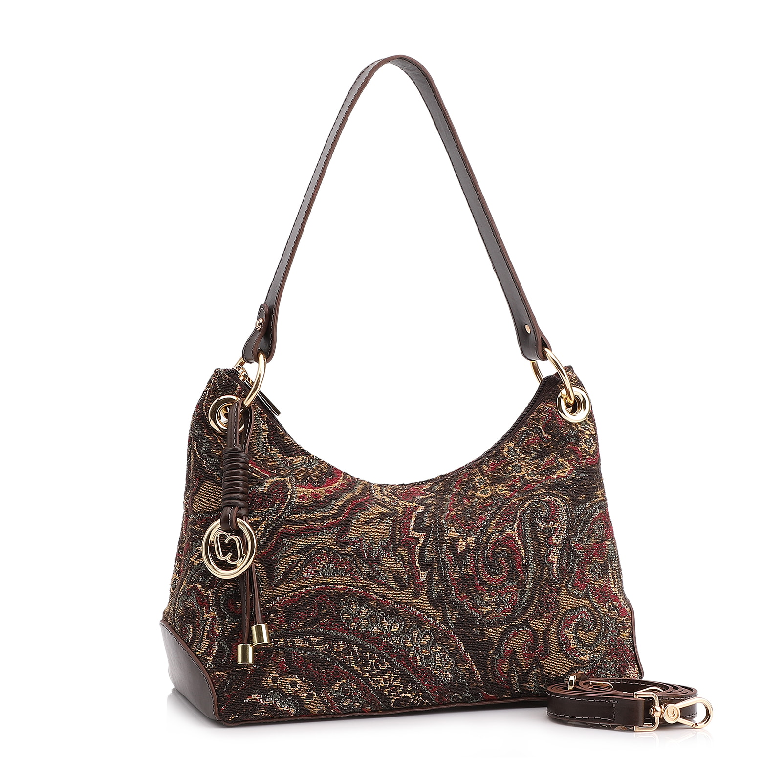 Bolsa De Ombro Jacquard Paisley /Couro Marrom