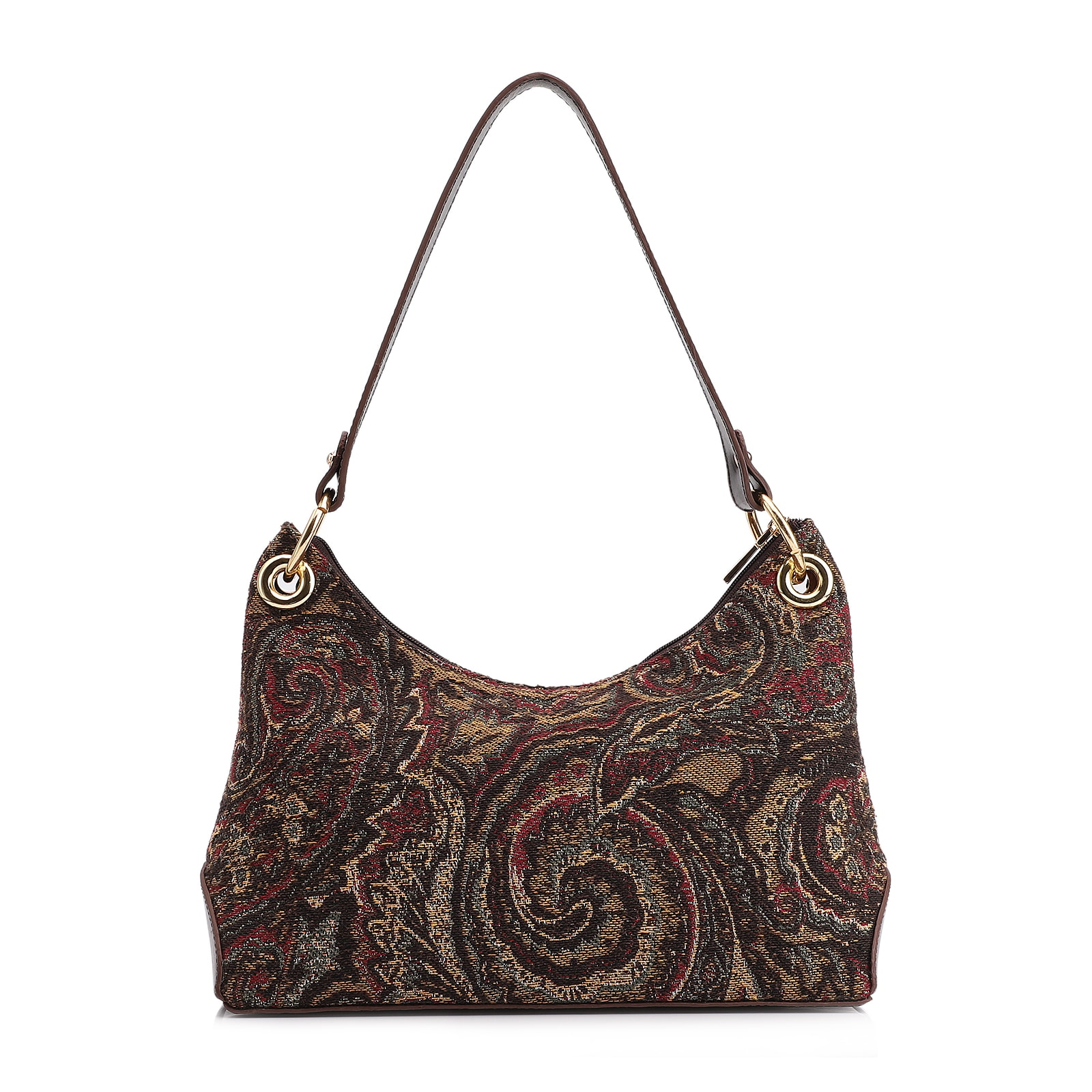 Bolsa De Ombro Jacquard Paisley /Couro Marrom