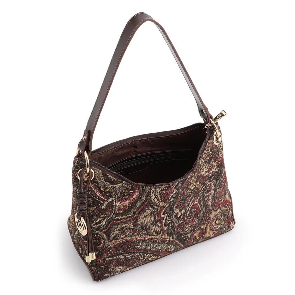 Bolsa De Ombro Jacquard Paisley /Couro Marrom - imagem 5