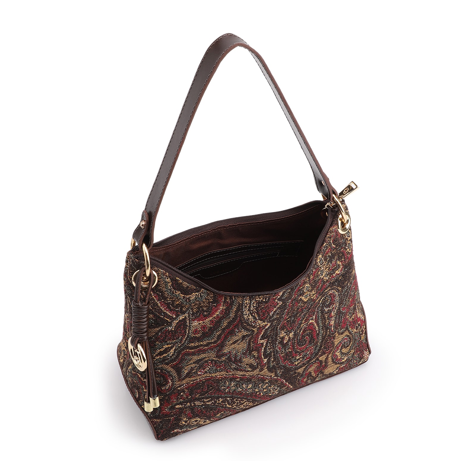 Bolsa De Ombro Jacquard Paisley /Couro Marrom