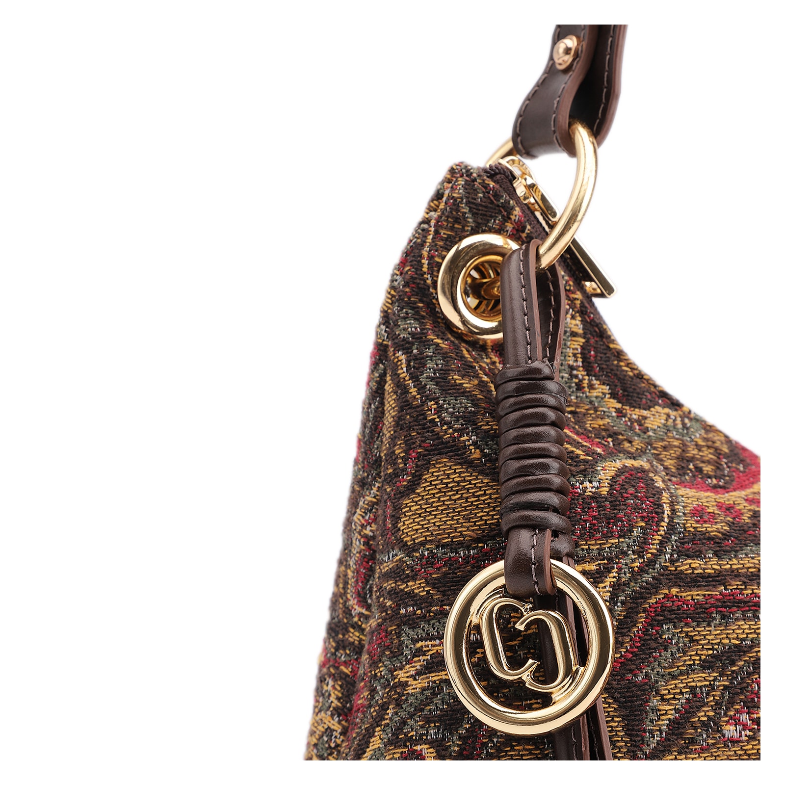 Bolsa De Ombro Jacquard Paisley /Couro Marrom