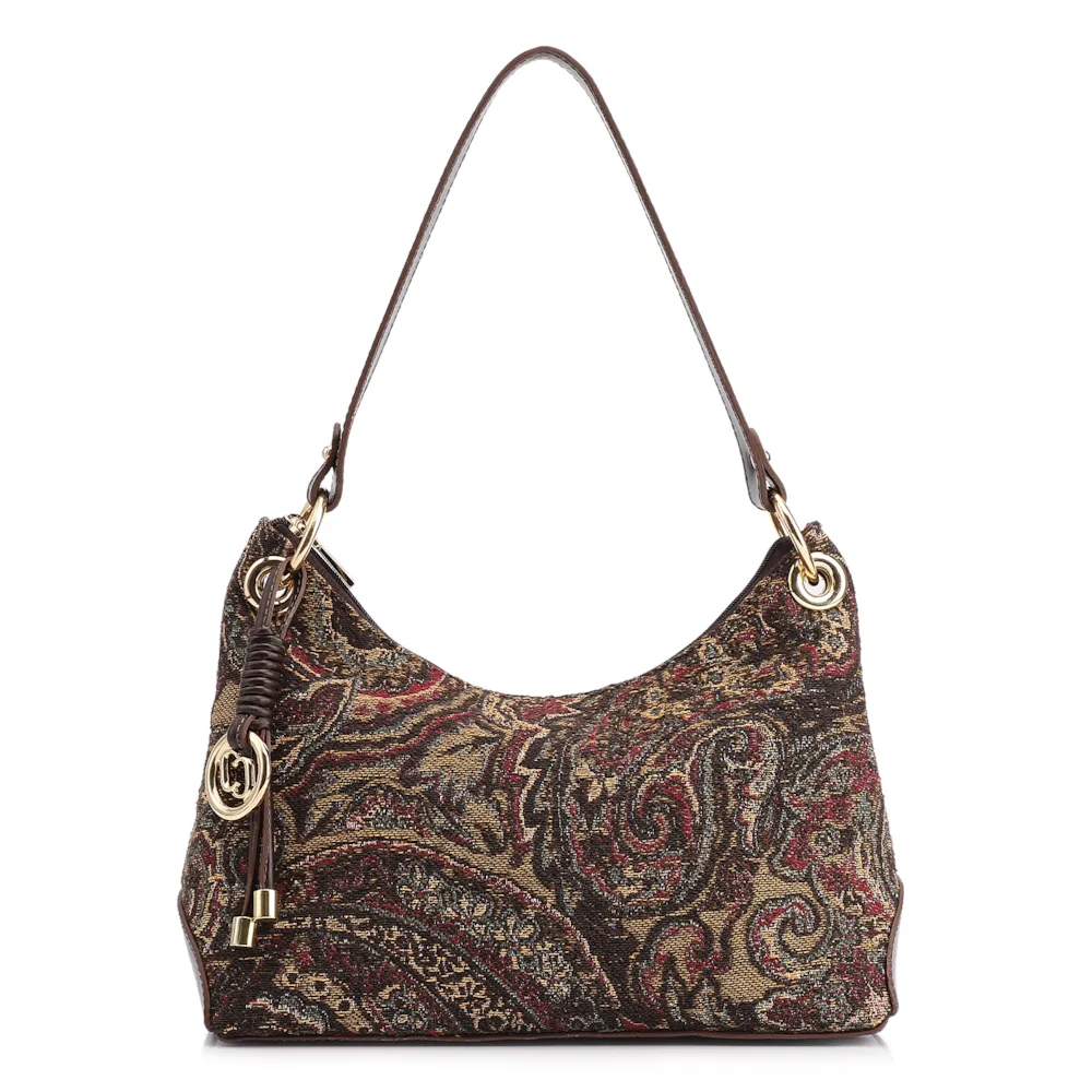 Bolsa De Ombro Jacquard Paisley /Couro Marrom