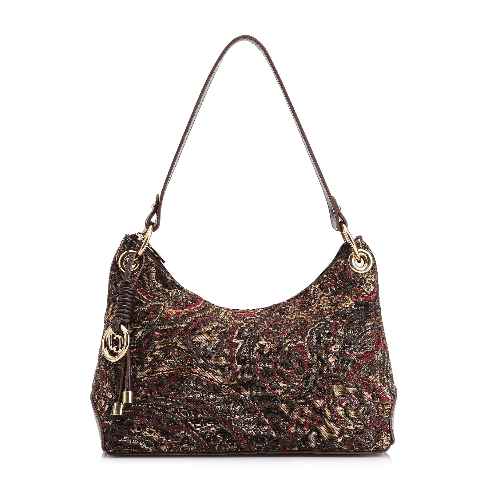 Bolsa De Ombro Jacquard Paisley /Couro Marrom